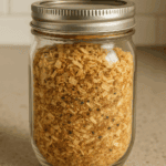Ground spice blend in a glass jar on a beige countertop.