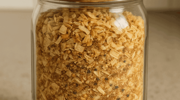 Ground spice blend in a glass jar on a beige countertop.